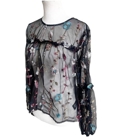 A New Day Sheer Mesh Peasant Top L Black Floral Embroidered Goth Whimsical - Picture 4 of 12
